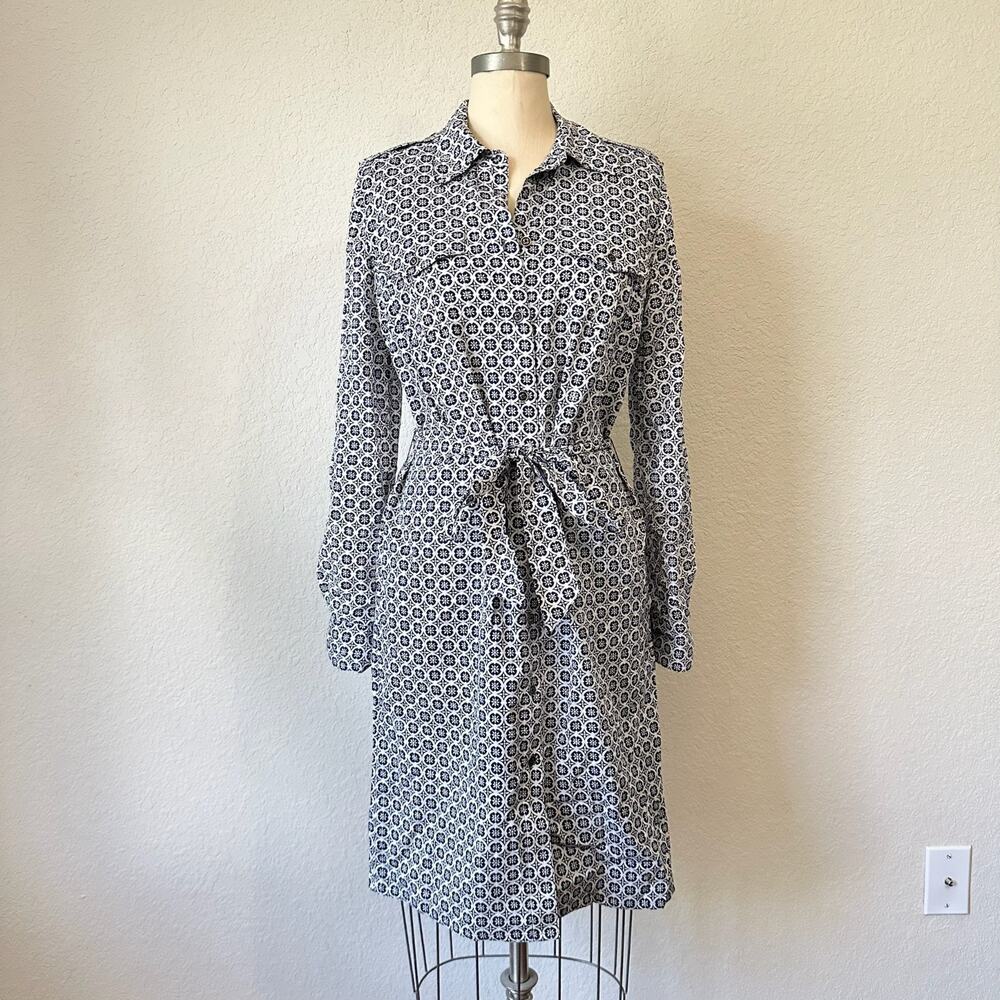 TORY BURCH Brigitte Shirt Dress Blue Geometric Long Sleeve Belted Preppy